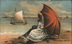 Geo. Finck Jeweler Auction Ad - Woman with Umbrella on Beach Trade Card