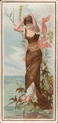 Woman in Brown Dress with Pink Ribbon, Adjusting Floral Hairpiece Trade Card