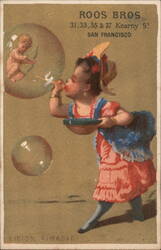 Roos Bros. Clothing, Child Blowing Bubbles with Cupid, San Francisco Trade Card