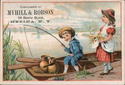 Boy Fishing, Girl with Flowers, Myhill & Robson, Medina, NY Trade Card