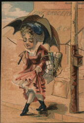 Girl with Umbrella, Shopping at Fine Grocery Trade Card