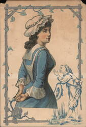 Woman in Blue Dress, Tiny Man in Period Costume Admiring Her Trade Card
