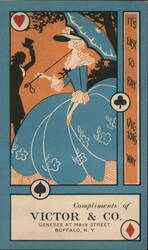 Woman with Parasol & Silhouette Man, Victor & Co. Adv., Buffalo, NY Trade Card