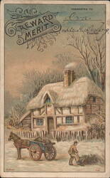 Reward of Merit: Winter Cottage, Man with Shovel, Horse & Cart Trade Card