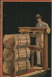 Fairbanks Scales Advertisement, Man Weighing Barrels Trade Card