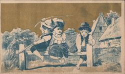Three Children Sitting on a Wooden Fence Trade Card
