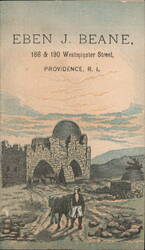 Eben J. Beane Advertising, Providence, RI - Man with Ox near Ruin Trade Card
