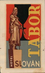 Hotel Slovan, Tabor, Czechoslovakia, Figure in Traditional Garb Luggage Label