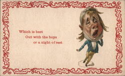 Caricature of Boy with Swollen Cheek Pondering Plans Trade Card