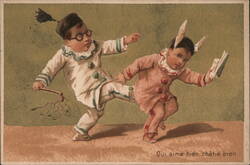 Two Children in Clown Costumes, "Qui aime bien châtie bien" Trade Card