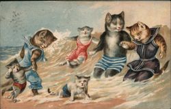 Anthropomorphic Cats in Swimsuits at the Beach Postcard
