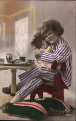 Child in Striped Pajamas with Doll on Rocking Horse Postcard