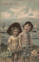 Going for a Row, Two Children with Oar on Beach Postcard
