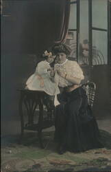 Woman and Young Girl Sewing Together Postcard