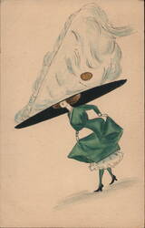 Woman in Green Dress with Exaggerated Feathered Hat Postcard
