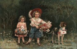 Happy Message of the Day: Children with Flowers and Dog Postcard