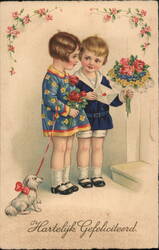 Two Children with Flowers and Dog, 'Hartelijk Gefeliciteerd' Postcard
