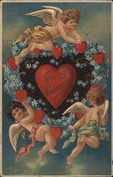 To my Valentine - Three Cupids with Hearts and Flowers Postcard