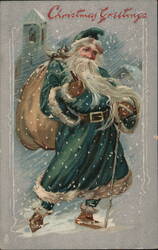Christmas Greetings - Santa Claus in Green Suit Postcard