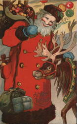 Santa Claus with Reindeer and Sack of Toys, 'A Happy Christmas' Postcard