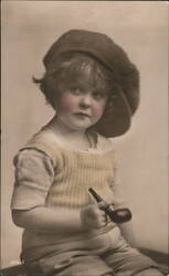 Young Child in Beret Holding a Pipe Postcard