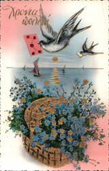 Greek Greeting 'Χρόνια πολλά' with Swallows, Flowers, and Seascape Postcard