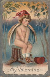 Cupid with Red Cap Seated on Stump, 'Won't you be My Valentine?' Postcard