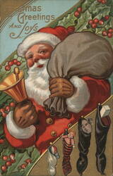 Christmas Greetings And Joys, Santa with Sack and Bell Postcard