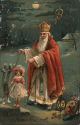 St. Nicholas with Doll, "Wishing You A Merry Christmas" Postcard