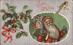 A Merry Christmas - Santa Claus with Toys and Holly Postcard