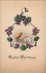 Easter Greetings, 1917: Chick and Bunny in Violet Wreath Postcard