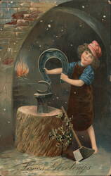 Child Blacksmith with Horseshoe, "Loves Greetings" Postcard