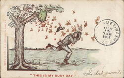 Man Fleeing Bees, "This Is My Busy Day" Postcard