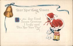 Best New Years Wishes - Child in Red Outfit with Dog and Bell Postcard