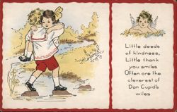 Girl Carrying Child, Cupid, 'Kindness and Wiles' Poem Postcard