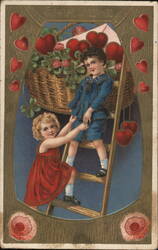 Valentine Greetings, Children on Ladder with Hearts Postcard