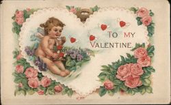 To My Valentine - Cherub with Cage of Hearts Postcard