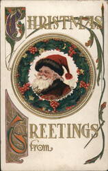 Christmas Greetings with Santa Claus in Wreath, Art Nouveau Style Postcard