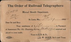 Order of Railroad Telegraphers Mutual Benefit Dept. Receipt, St. Louis, MO, 1909 Postcard