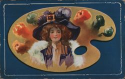 Woman with Feathered Hat on Artist's Palette Postcard