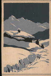 Artistic Christmas Scene: Snowy Cabin and Mountains at Night Postcard