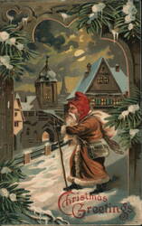 Christmas Greetings - Santa Claus in Snowy Village at Night Postcard