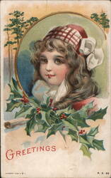 Christmas Greetings with Young Girl and Holly Postcard