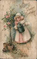 Girl Watering Roses, 'Wishing you a happy Birthday' Postcard