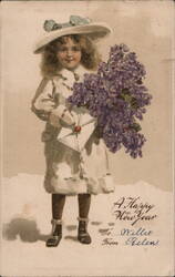 Girl with Lilacs and Envelope, "A Happy New Year To Willie From Helen" Postcard
