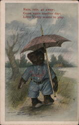 Teddy Bear in Baseball Uniform with Umbrella in Rain Postcard
