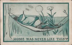 Frog Relaxing in Hammock, Smoking, "Home Was Never Like This" Postcard