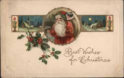 Santa Claus, Children, and Holly, Best Wishes for Christmas Postcard