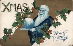 Christmas Greetings, Santa Claus with Globe and Holly Postcard