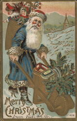 Santa Claus in Blue Suit with Wheelbarrow and Basket of Dolls Postcard